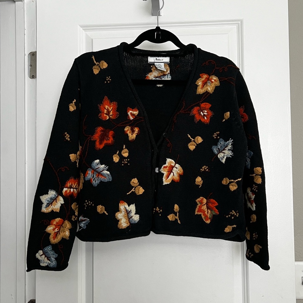 Leaf Autumn Fall Sweater Navy Embroidered size medium